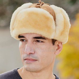 100% Sheepskin Trapper Hat Leather & Fur Hat Men's Winter Cold Snow Hats